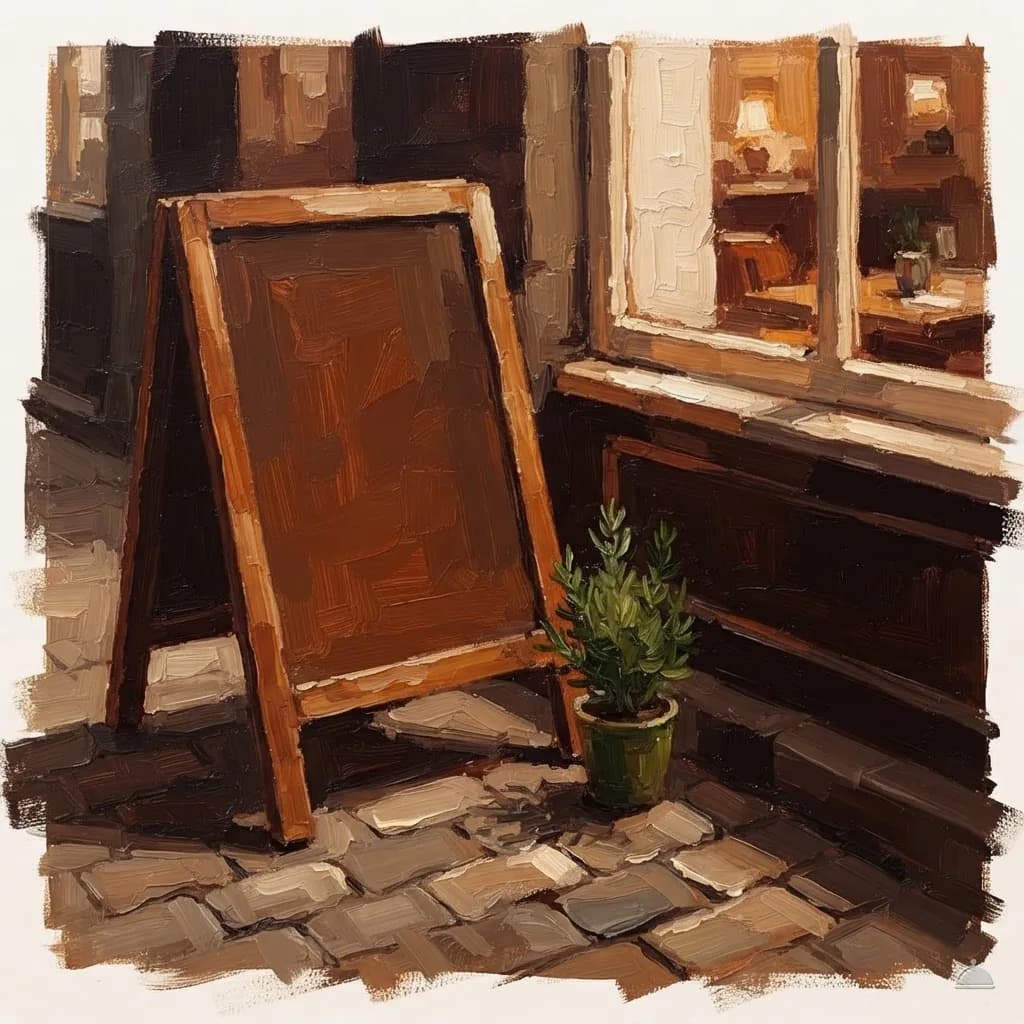 Oil vignette of a blank A-board outside a bistro window