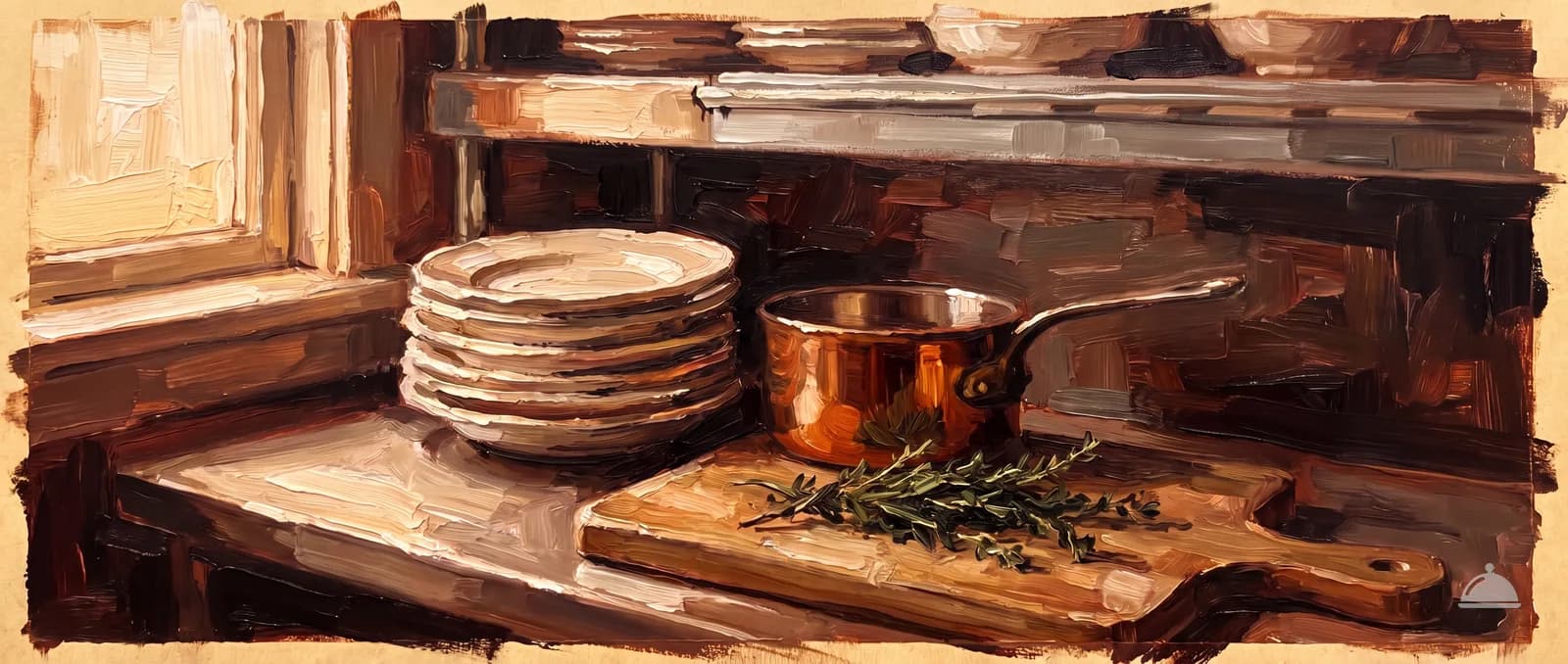 Oil painting of a restaurant pass with stacked plates, a copper pot and a ticket rail