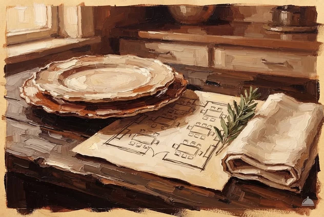 Oil vignette of a banquet floor plan on blank paper beside charger plates