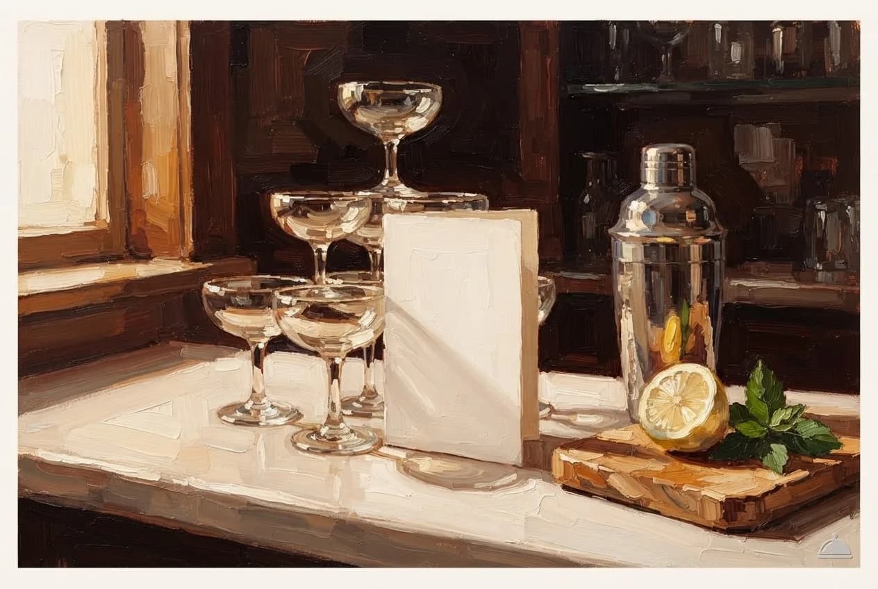 Oil vignette of a folded menu card, a shaker and coupe glasses on a bar top