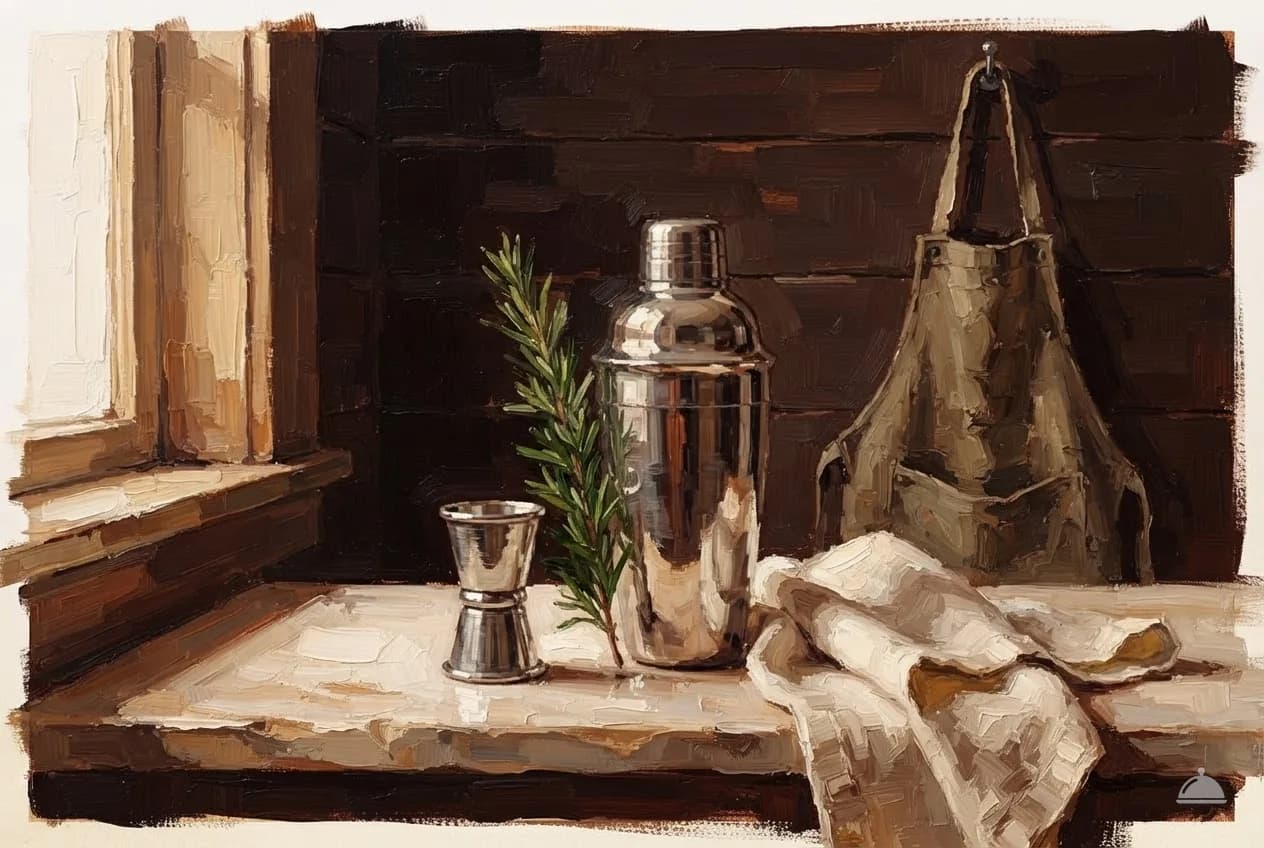Oil vignette of a bar well with a jigger, shaker and folded towel