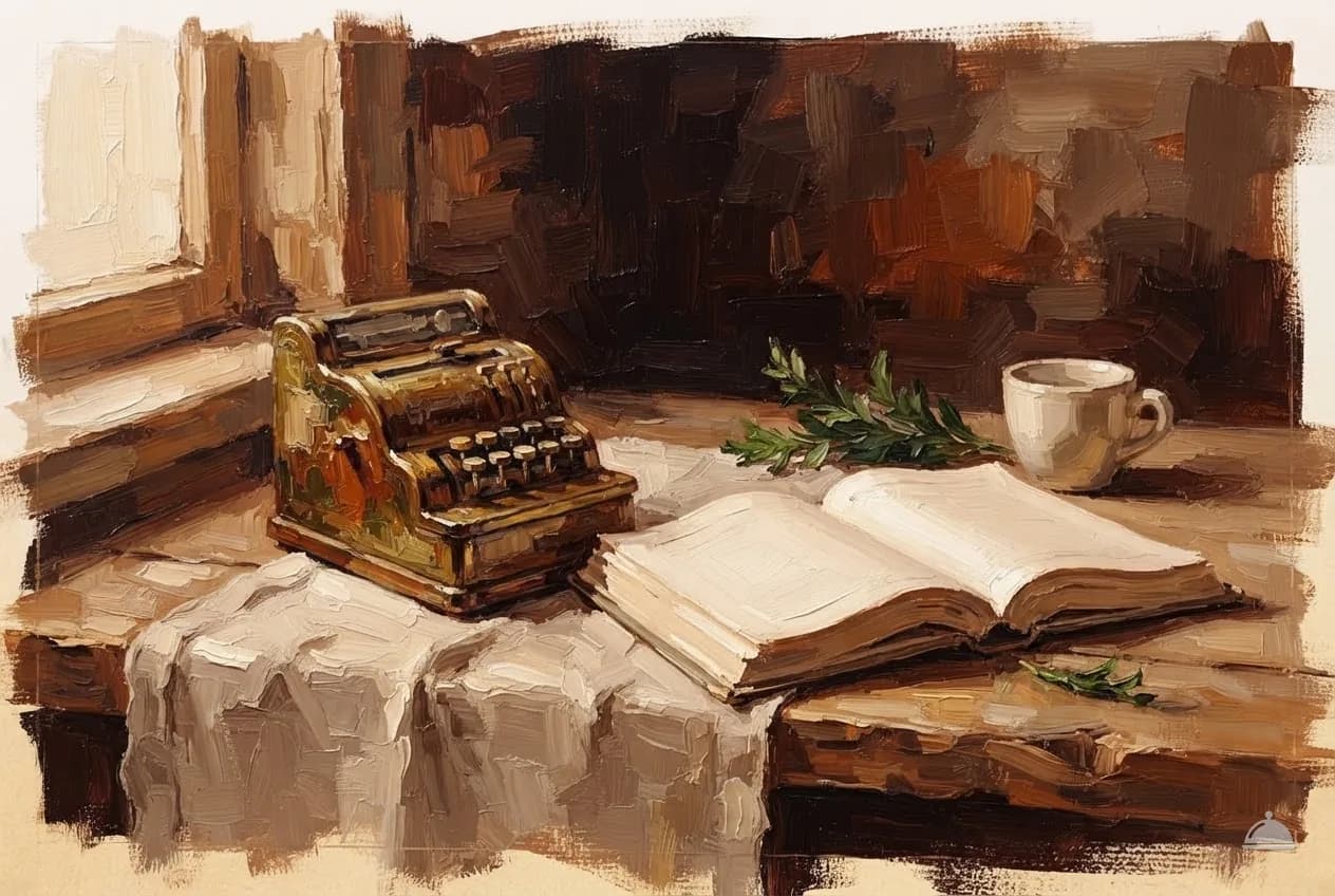 Oil vignette of a brass adding machine, a ledger and an espresso cup