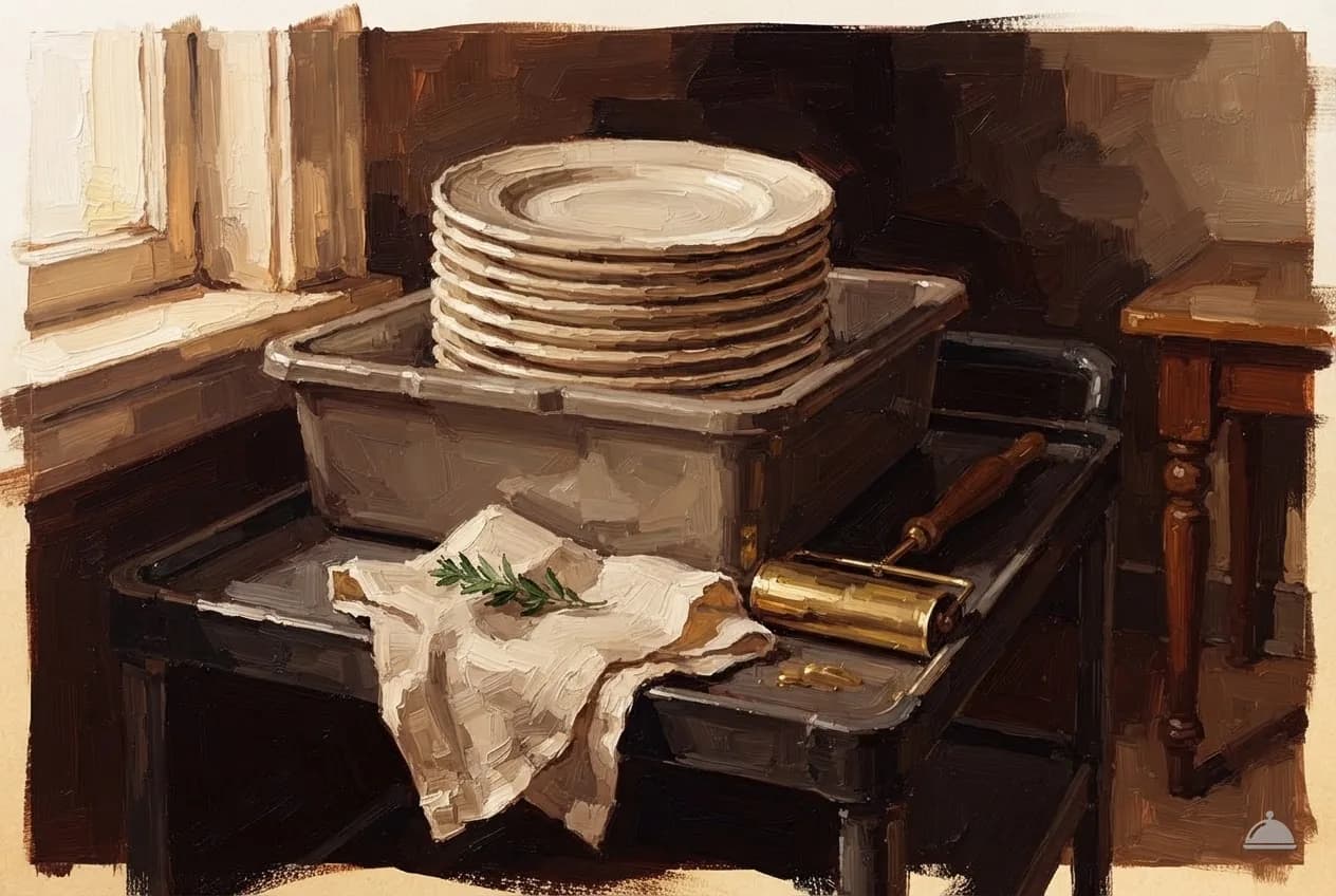 Oil vignette of a bus tub of stacked plates and a crumb sweeper