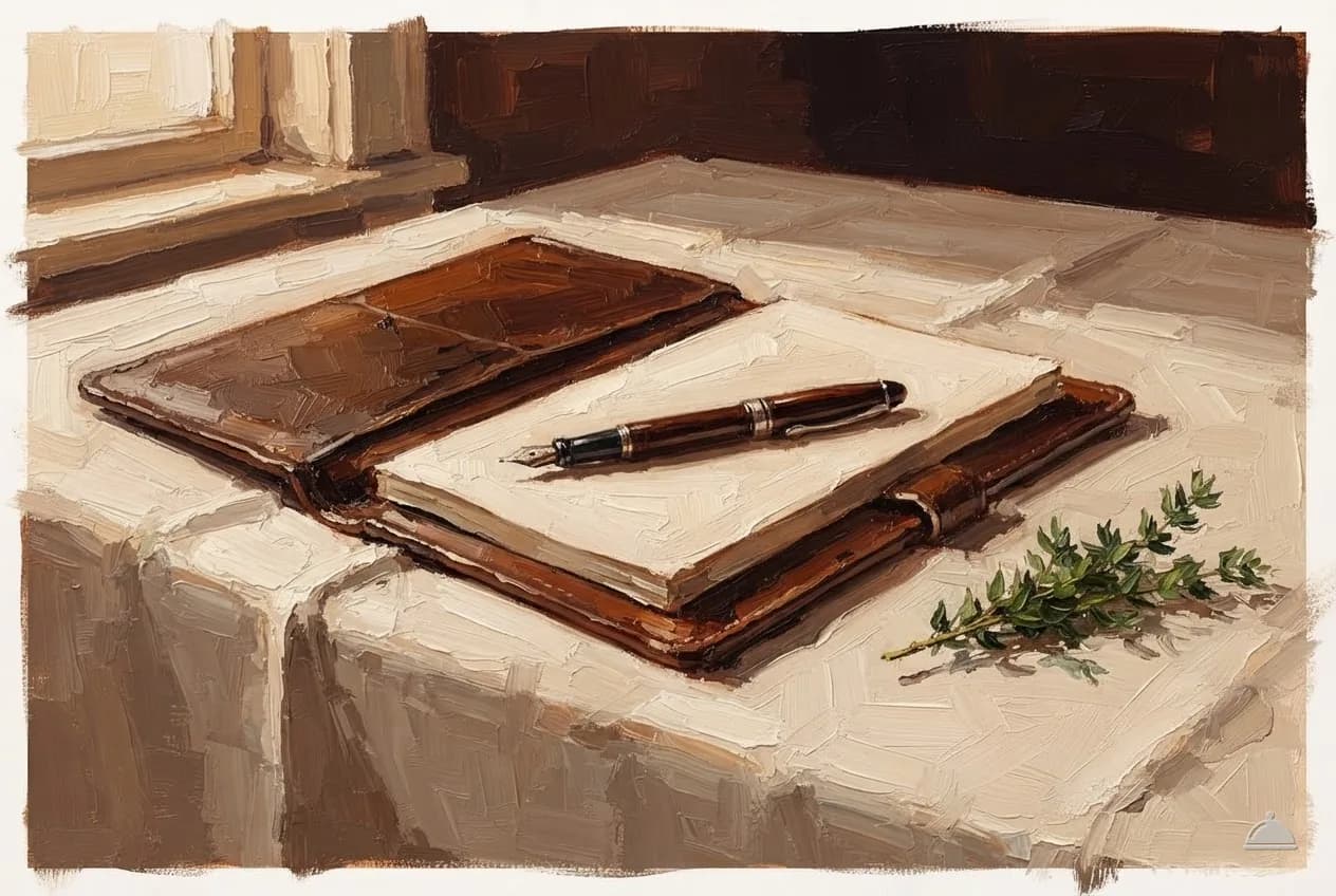Oil vignette of a folder of blank pages and a fountain pen on a linen table