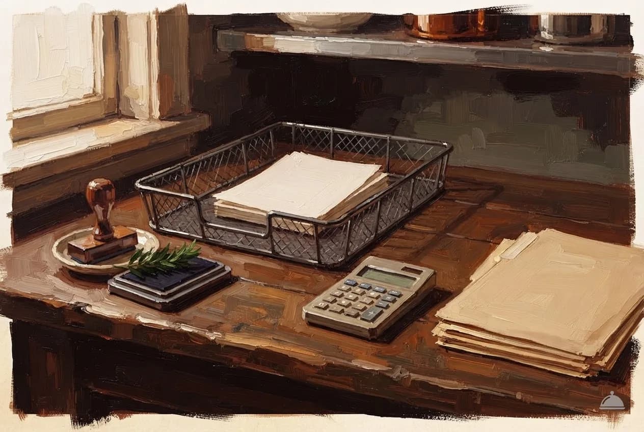 Oil vignette of a wire tray, rubber stamp and pocket calculator on a caterer's desk