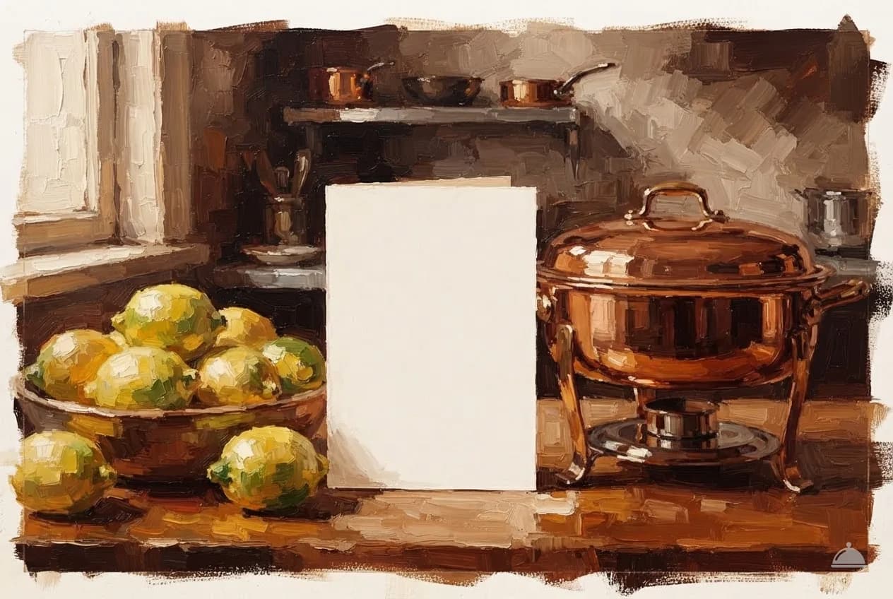 Oil vignette of a blank menu card between a chafing dish and lemons