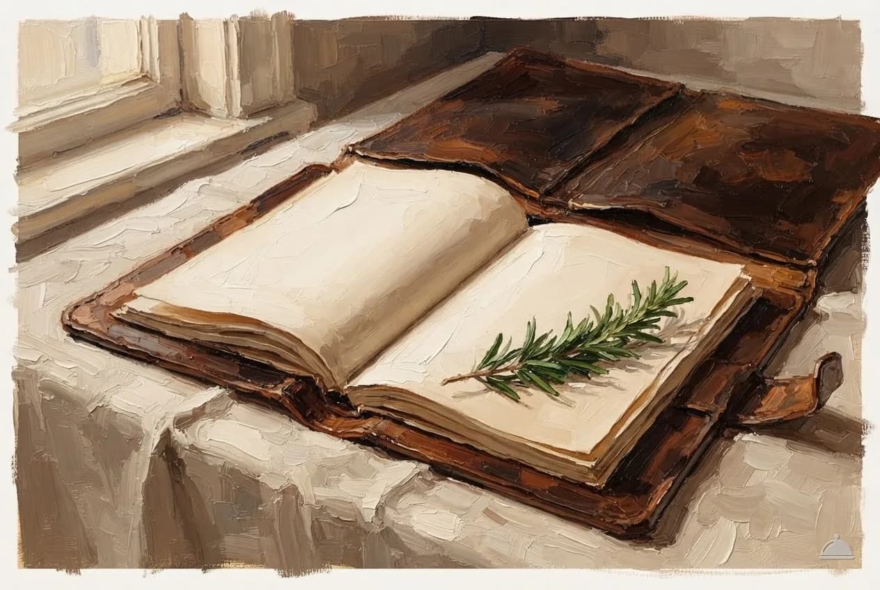 Oil vignette of an open portfolio of blank pages with a sprig of rosemary