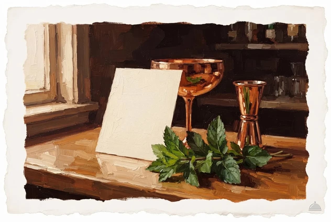 Oil vignette of a blank card leaning on a coupe glass beside a jigger