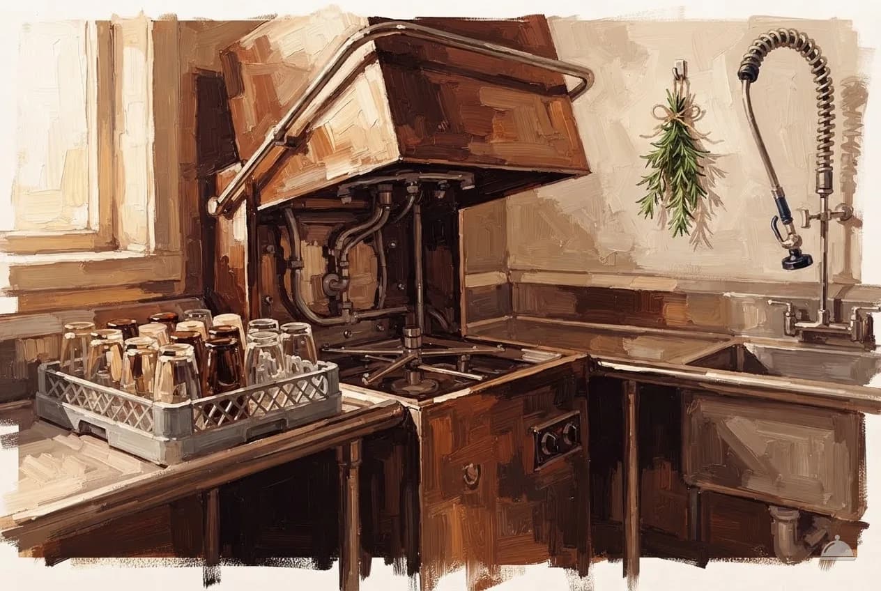 Oil vignette of a door-type dish machine with a rack of glasses and a spray arm