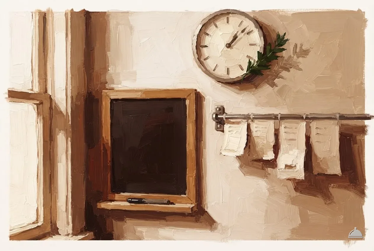 Oil vignette of a kitchen rota board beside a rack of shift tickets and a wall clock