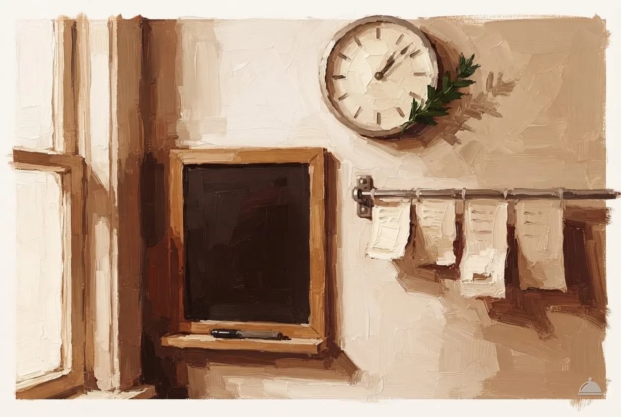 Oil vignette of a kitchen rota board beside a rack of shift tickets and a wall clock