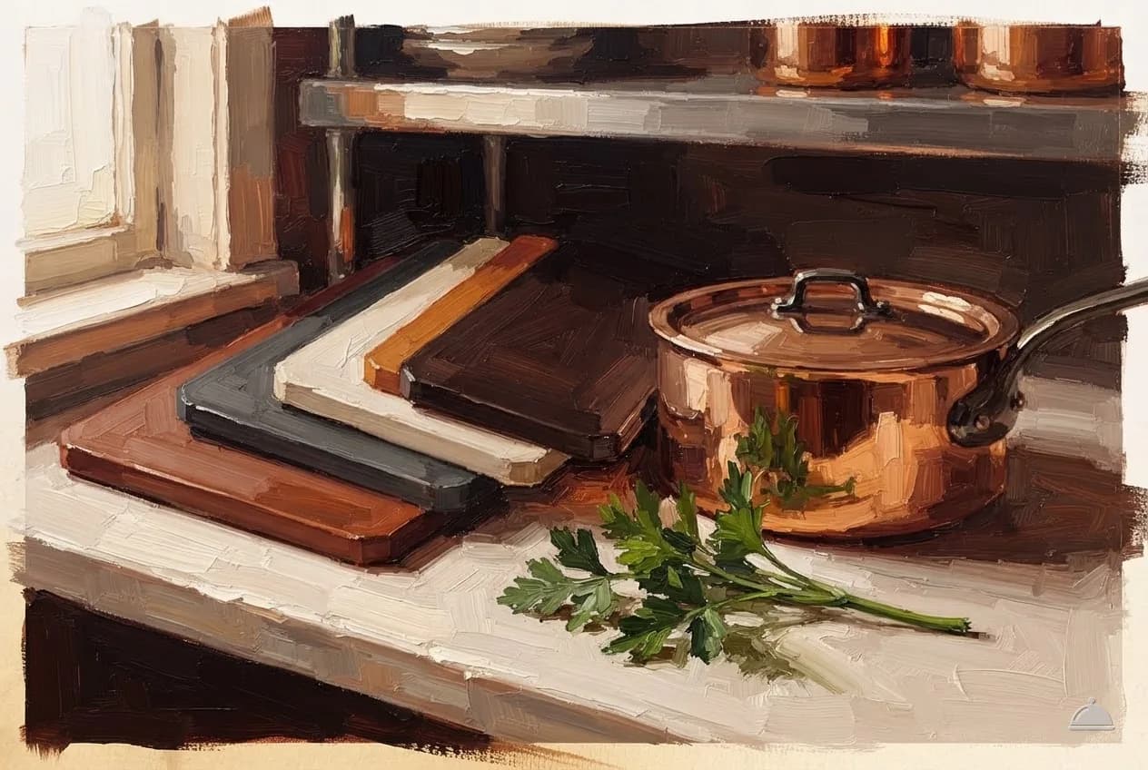 Oil vignette of separate coloured cutting boards beside a covered pan