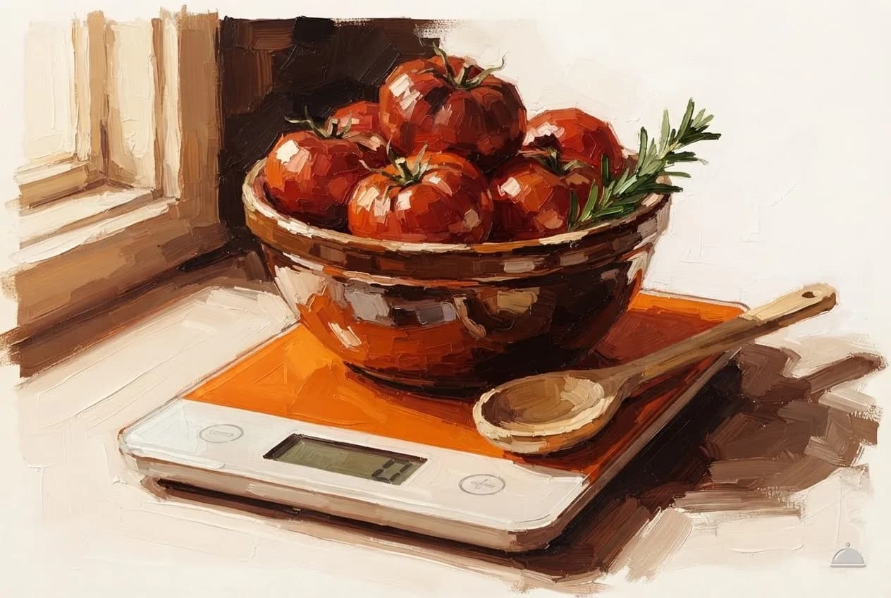 Oil vignette of a kitchen scale, a bowl of tomatoes and a wooden spoon