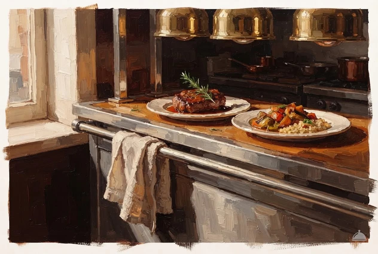Oil vignette of plated dishes waiting on the pass under warming lamps