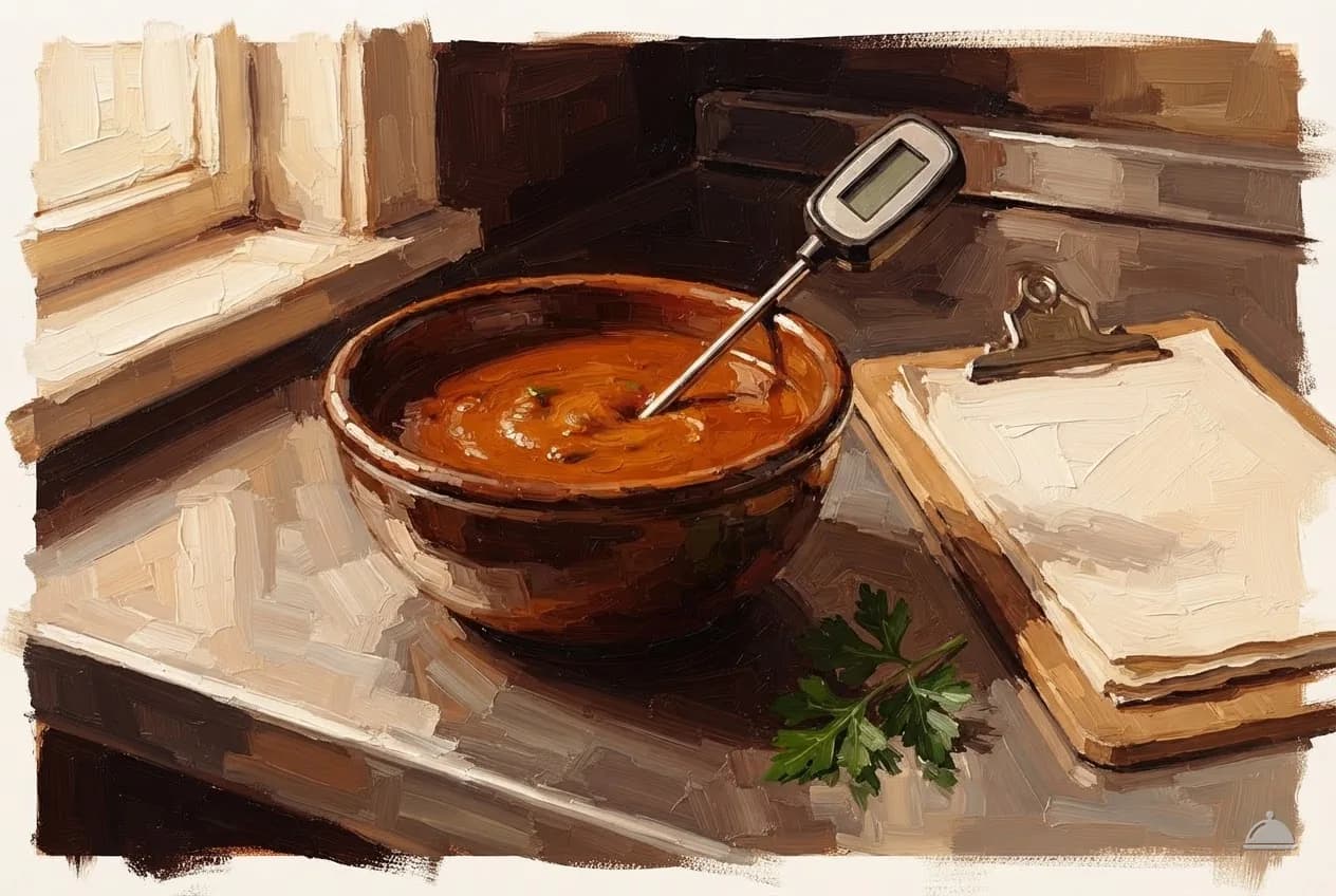 Oil vignette of a probe thermometer in a pan of soup beside a blank clipboard