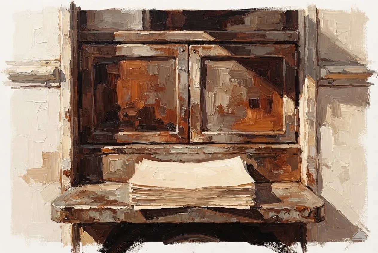 Oil vignette of a closed food truck serving hatch with papers on the step