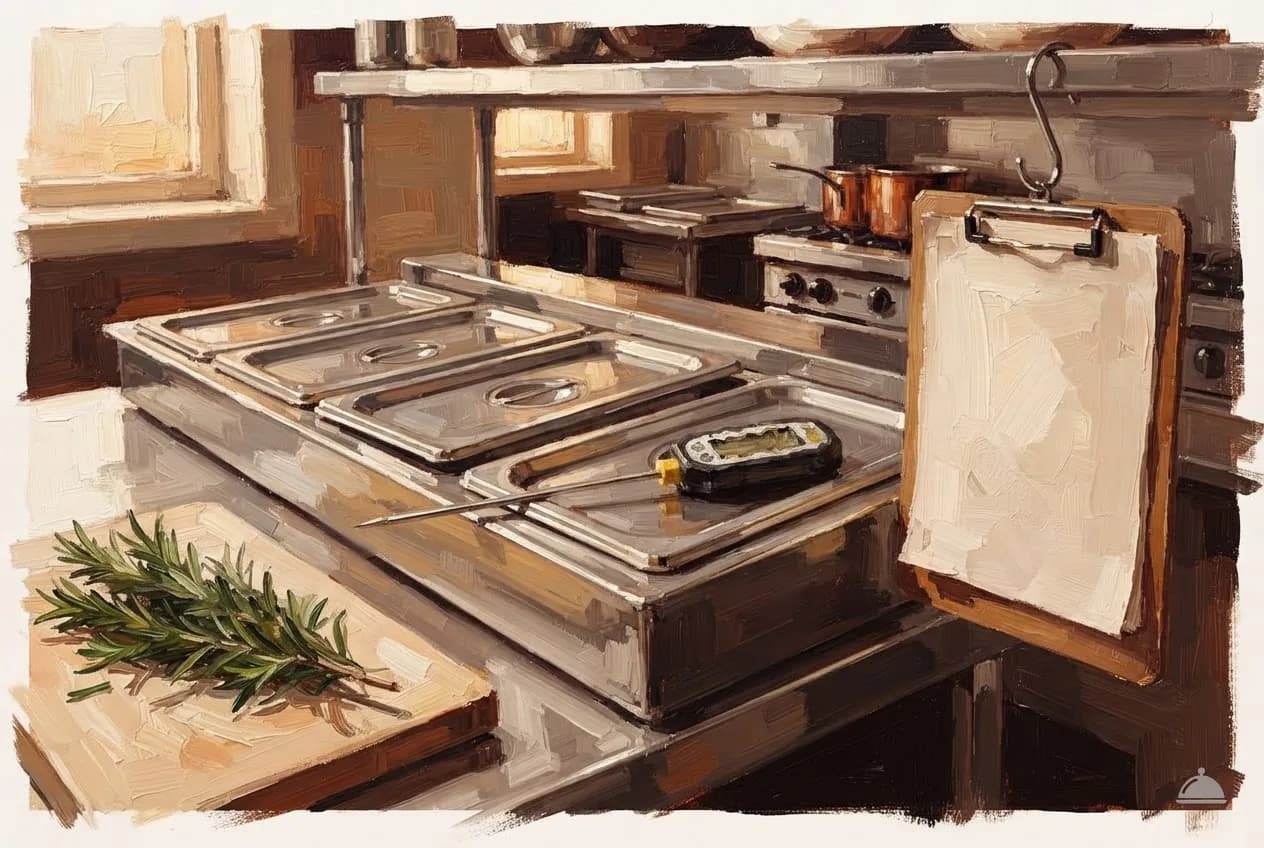 Oil vignette of covered pans with a probe thermometer and a hanging clipboard
