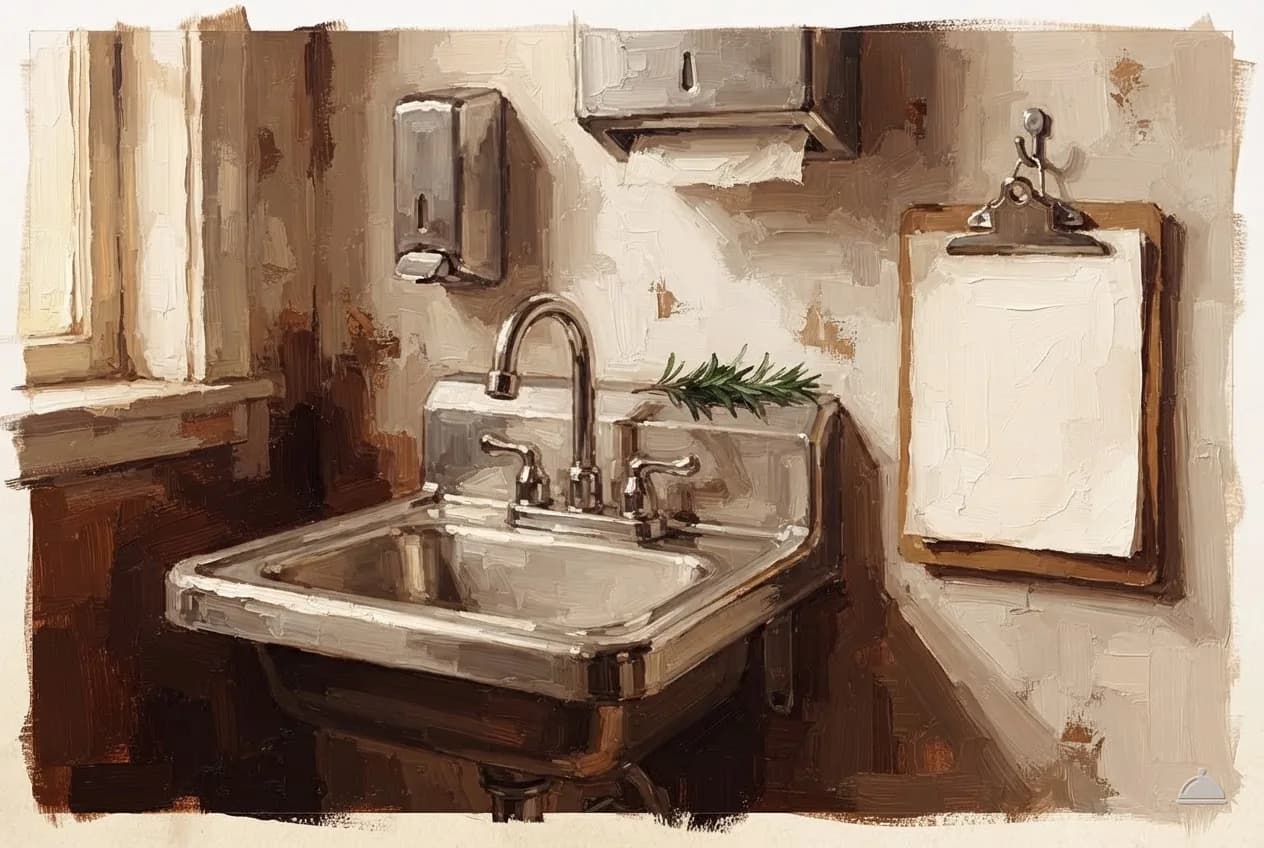 Oil vignette of a stainless hand sink with soap, towels and a blank clipboard