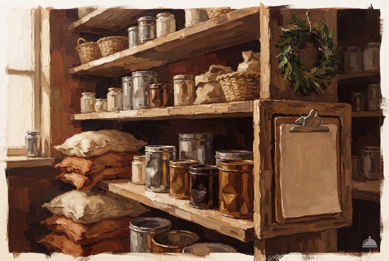 Oil vignette of dry-storage shelves with a clipboard on the end post