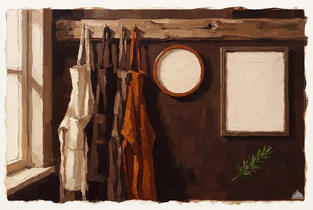 Oil vignette of hanging aprons under a plain clock beside a blank rota board