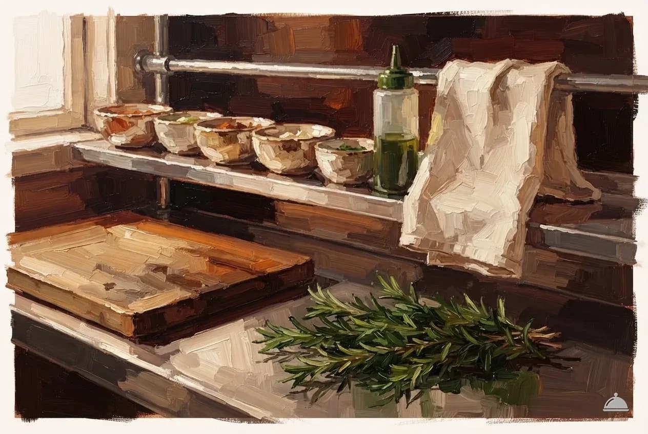 Oil vignette of a cook's station with mise-en-place bowls and a squeeze bottle