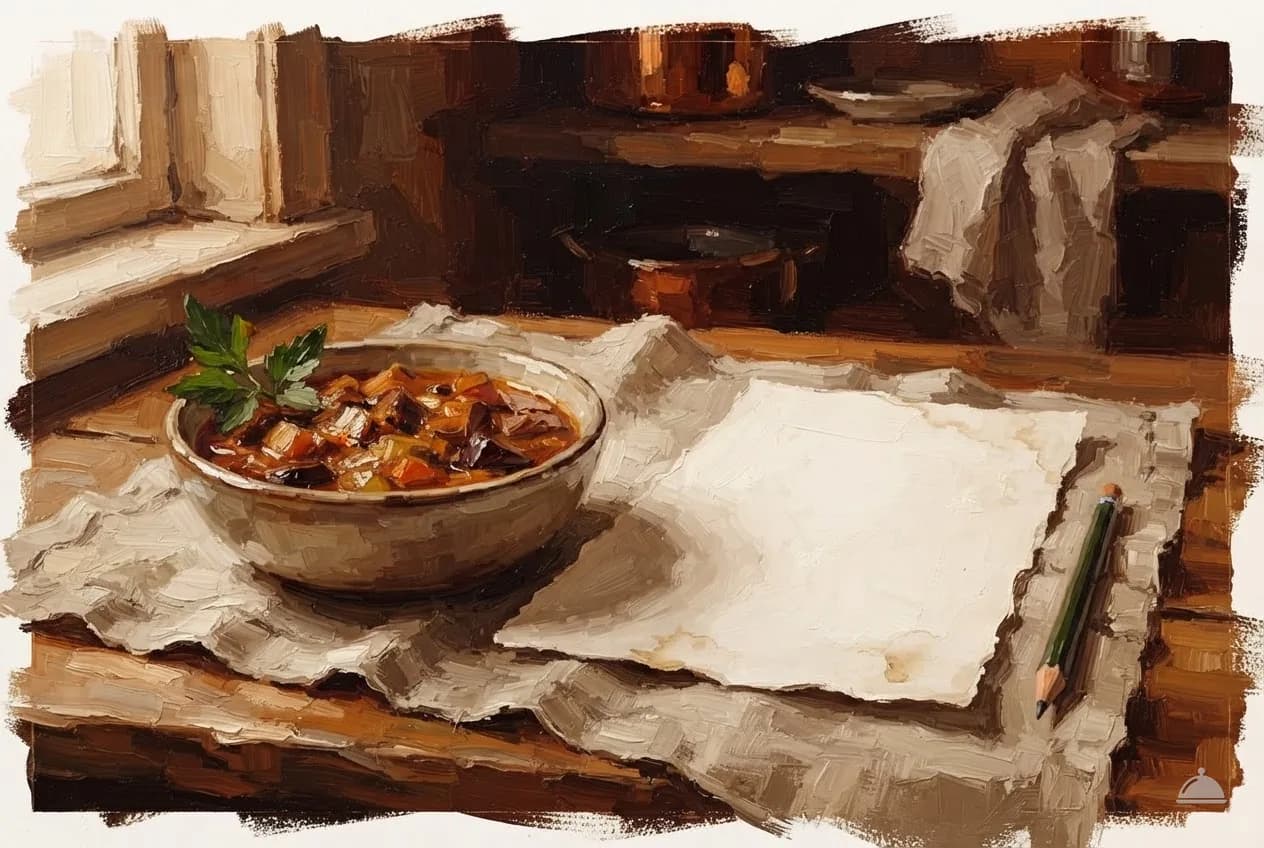 Oil vignette of a blank menu card beside a plated dish and a pencil