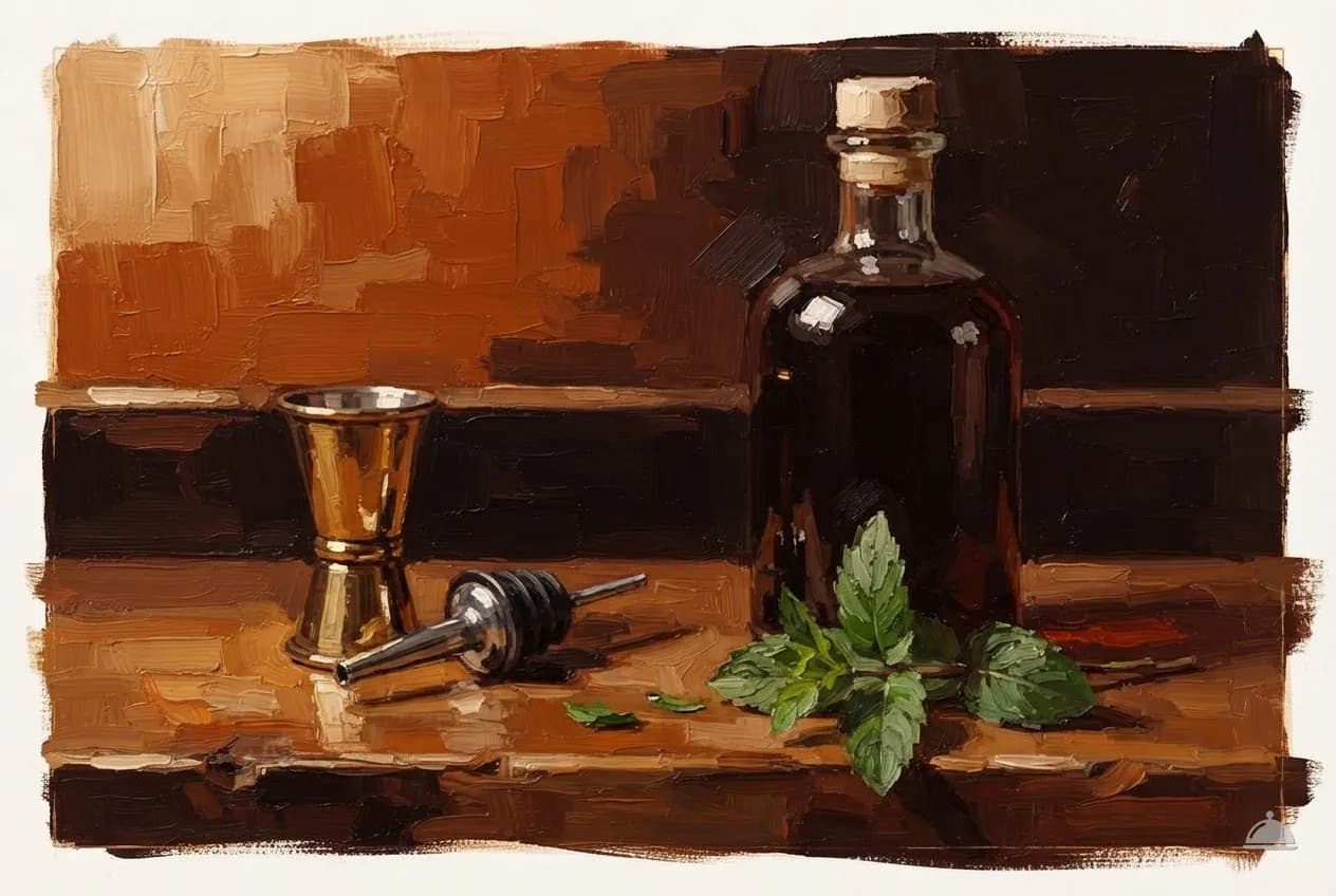 Oil vignette of a jigger, a pour spout and an unlabelled dark bottle