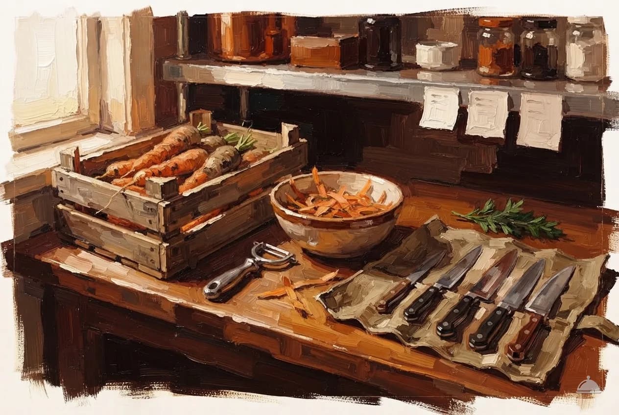Oil vignette of a prep bench with carrots, a peeler and a knife roll
