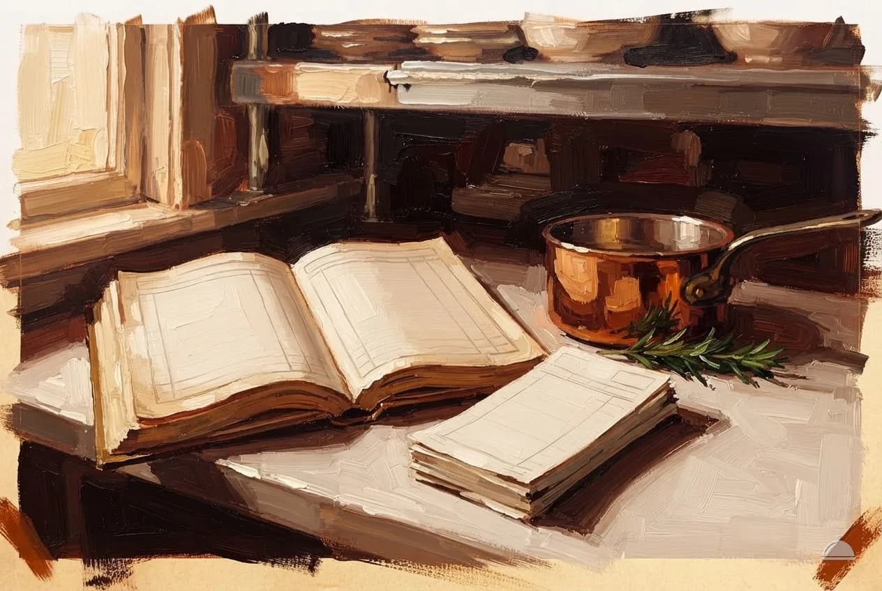 Oil vignette of a two-column ledger beside a copper pot and guest checks