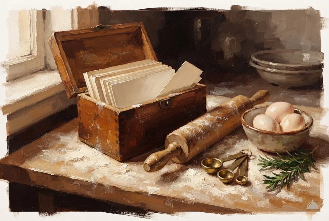 Oil vignette of a wooden recipe box, rolling pin and measuring spoons on a floured board