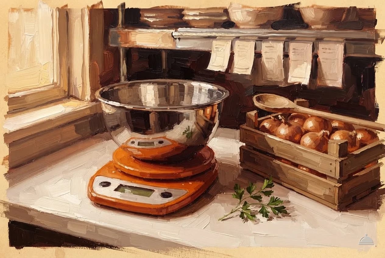 Oil vignette of a mixing bowl on a kitchen scale beside a crate of onions
