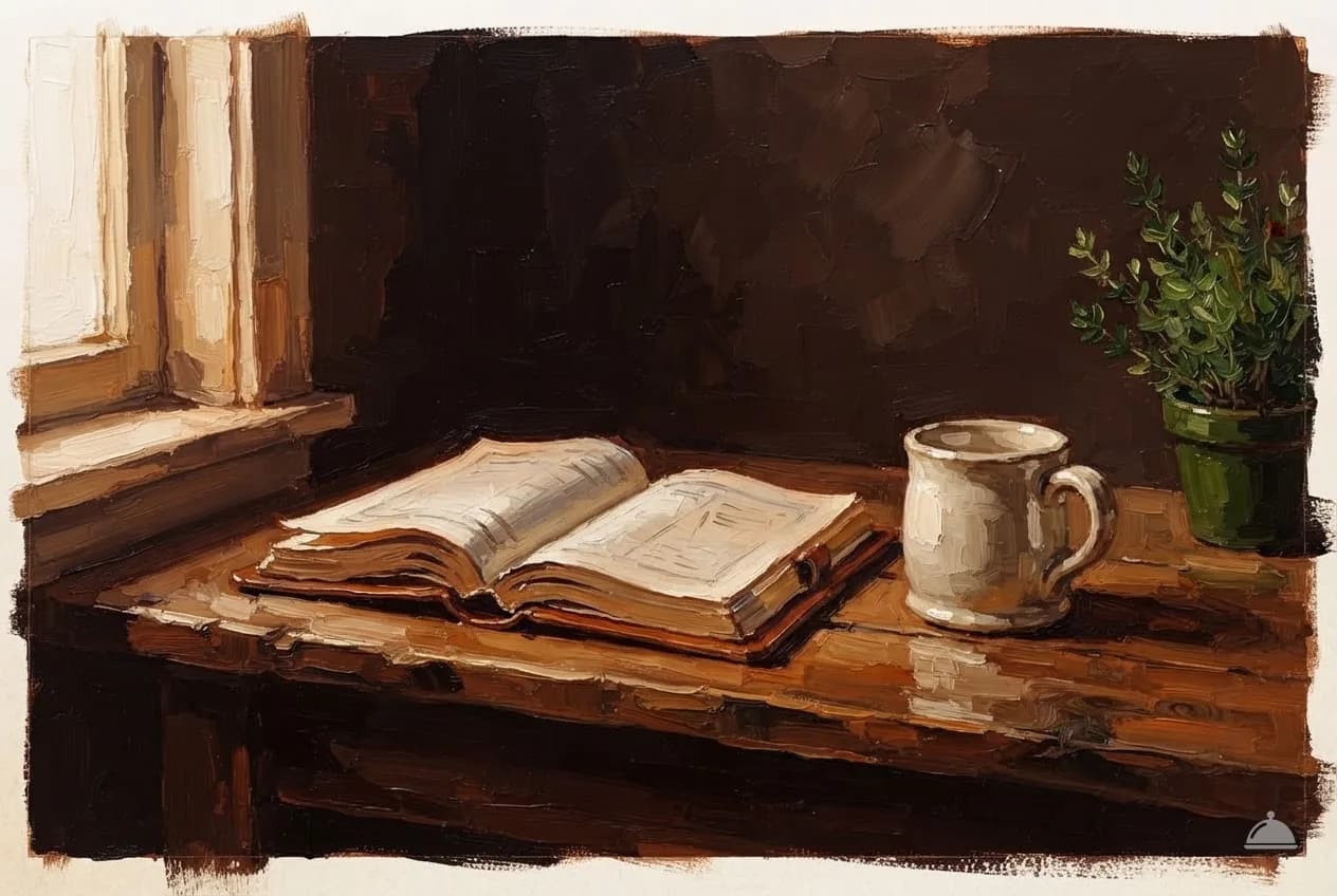 Oil vignette of an open ledger, a cream mug and a potted herb