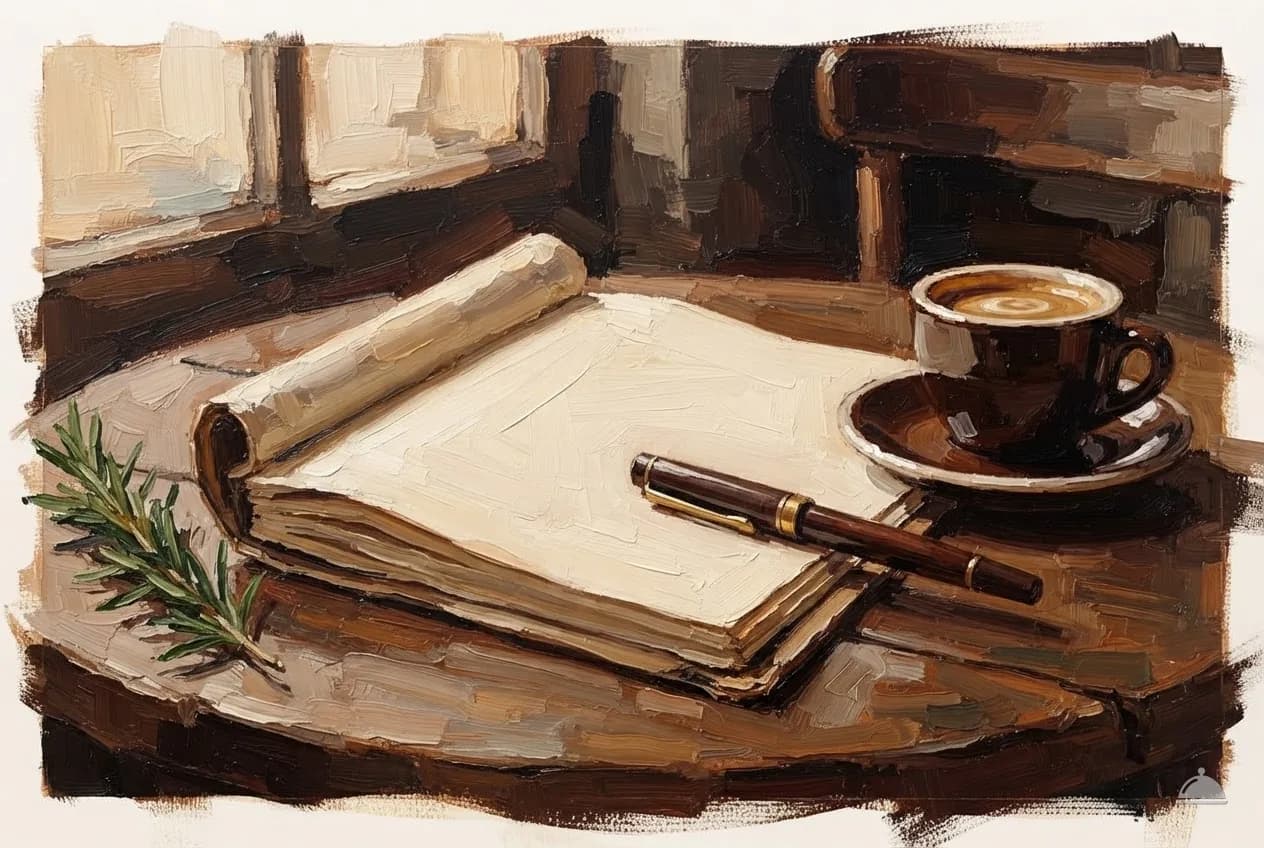 Oil vignette of a bound folder of blank pages with a pen and espresso cup