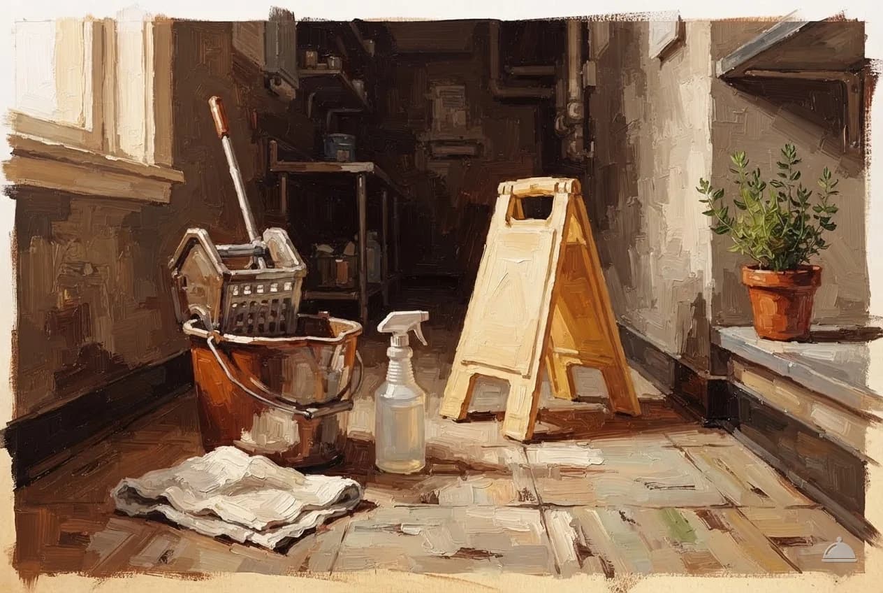 Oil vignette of a mop bucket, spray bottle and caution stand in a corridor