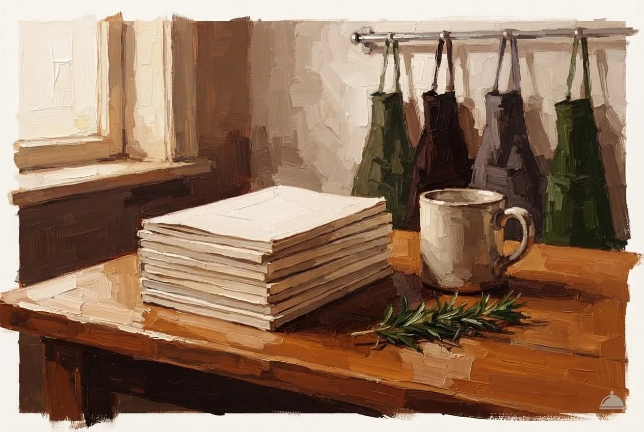 Oil vignette of blank booklets on a staff-room table beside a mug