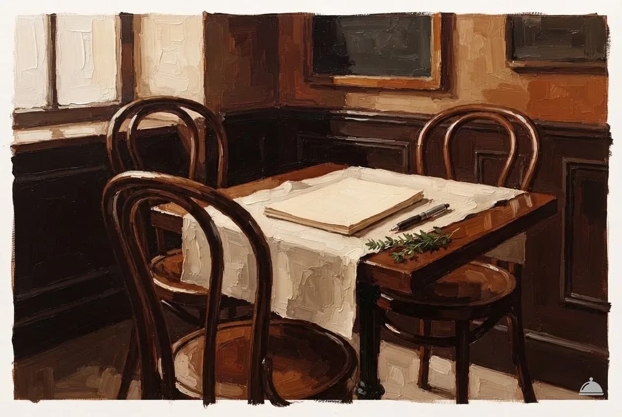 Oil vignette of two chairs at a table with a blank notepad and pen