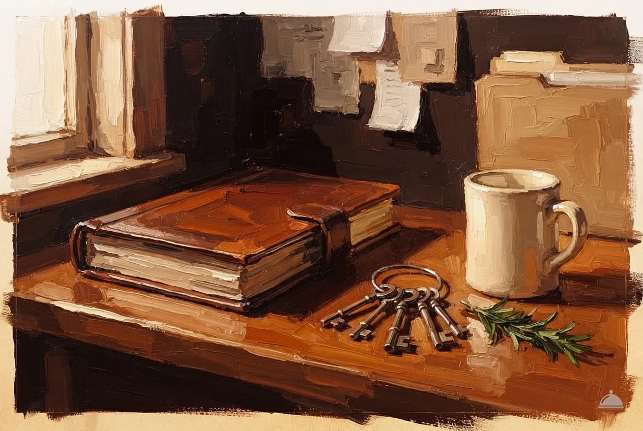 Oil vignette of a manager's desk with a closed ledger, keys and a mug