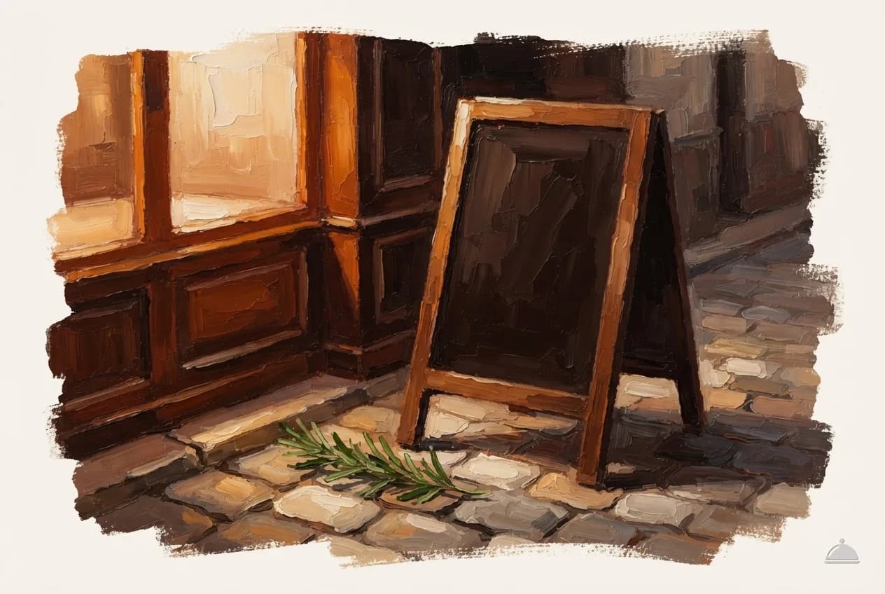 Oil vignette of a blank A-board on the pavement outside a lamplit bistro window