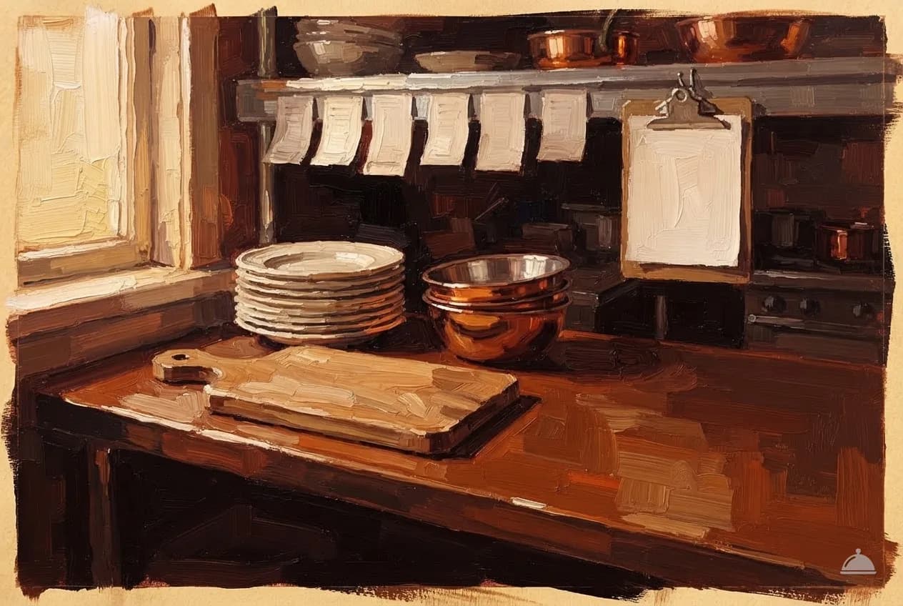 Oil vignette of a kitchen at dawn with an empty pass and a hanging clipboard
