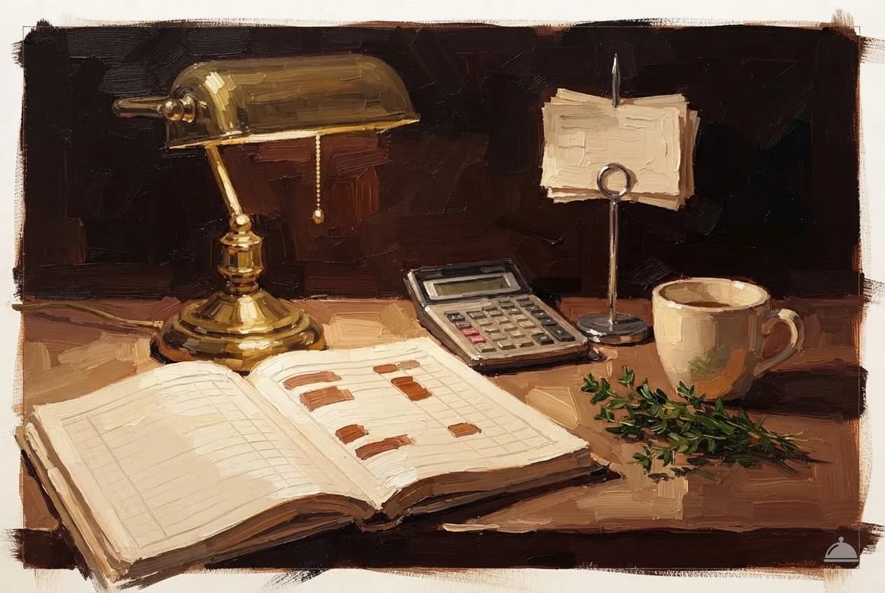 Oil vignette of a desk lamp, open ledger, calculator and a spike of dockets