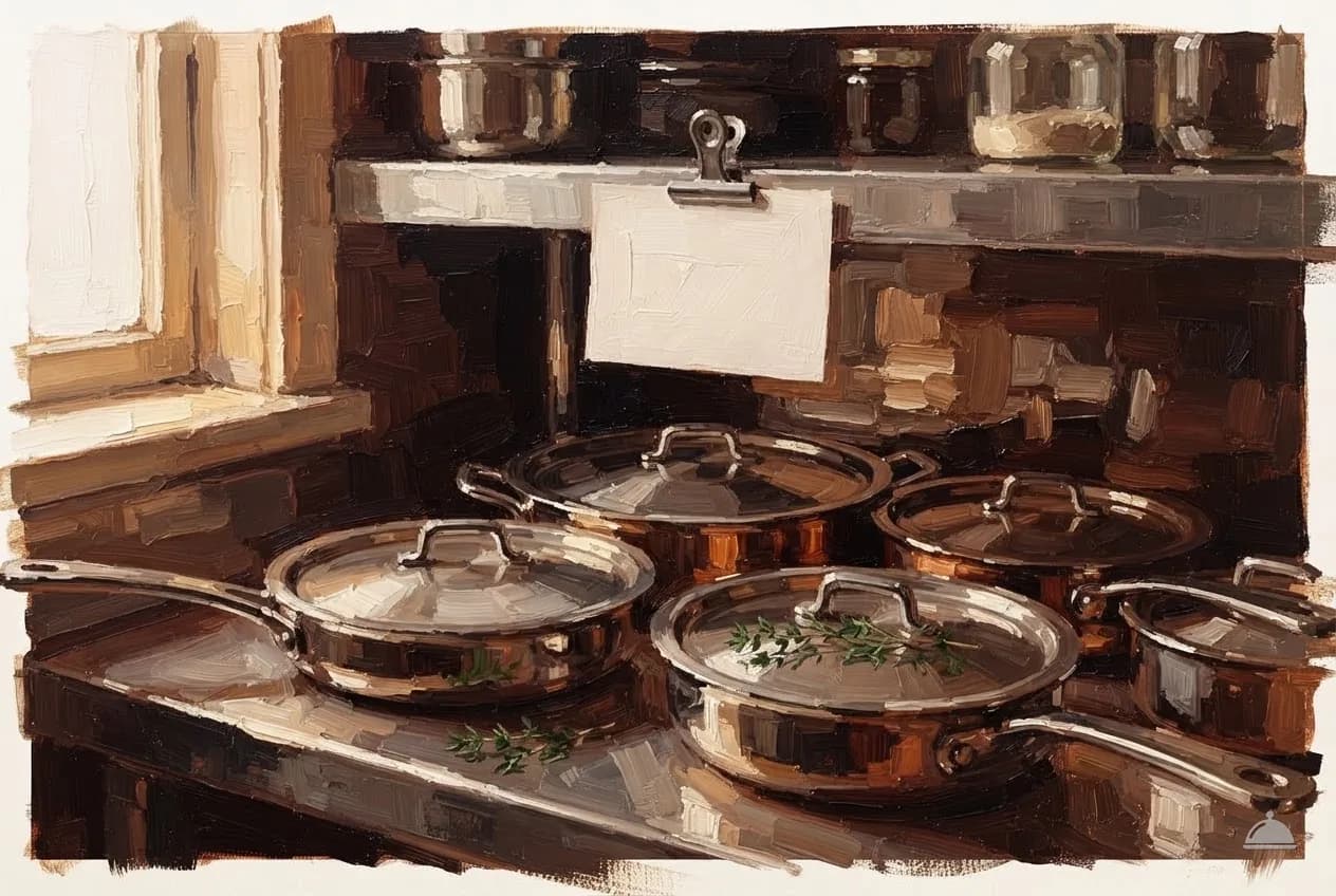 Oil vignette of a blank laminated card clipped above a prep bench