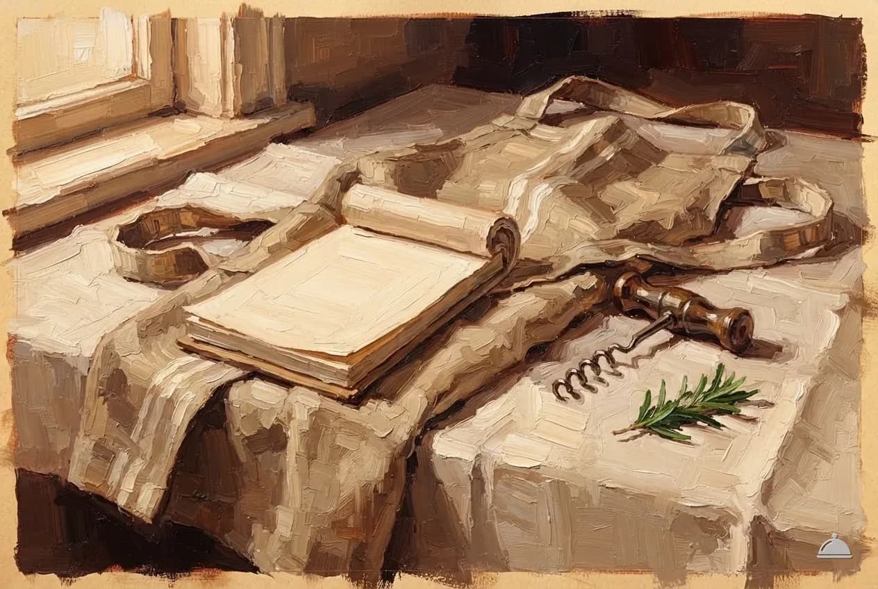 Oil vignette of a folded apron, a blank order pad and a corkscrew