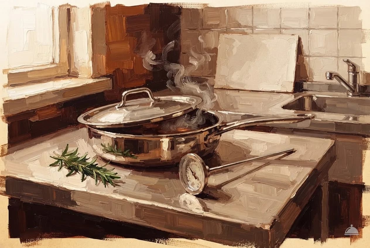 Oil vignette of a probe thermometer and covered pan with a hand sink behind