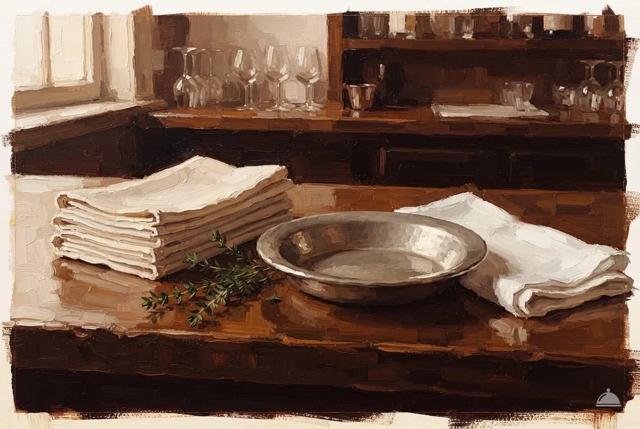 Oil vignette of folded napkins, an empty pewter dish and a service towel on a bar